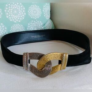VTG Suede Waist Belt Black Two Tone Silver Gold Interlocking Buckle Adjustable